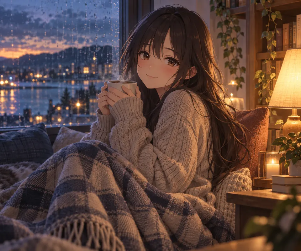 雨の窓辺でマグカップを持ち、静かに微笑む彼女