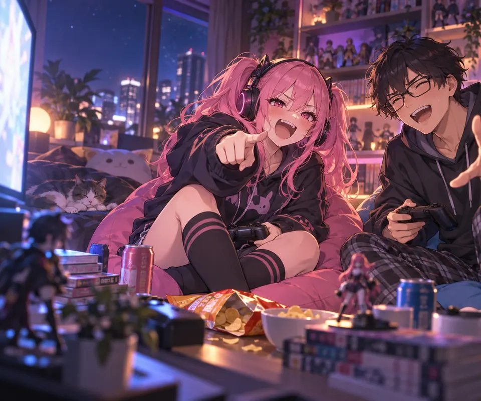 深夜、アニメの話で盛り上がるオタクの2人