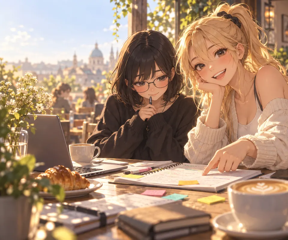 カフェのテーブルでノートを指さして笑う、勉強仲間
